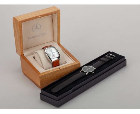 A Mercedes Benz Chronograph with leather strap in original wooden box and another Mercedes Benz watch, (2).