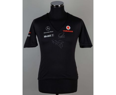 Lewis Hamilton and Jenson Button signed Vodafone McLaren signed t-shirt, ladies Vodafone Mclaren V-neck shirt which has been 