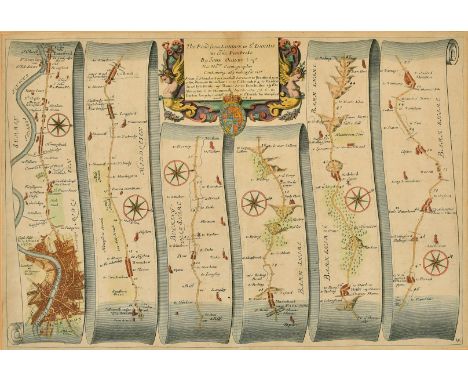 John Ogilby, circa 1698, The Road from London to St. Davids in com. Pembroke, circa 1698, hand coloured engraved strip road m