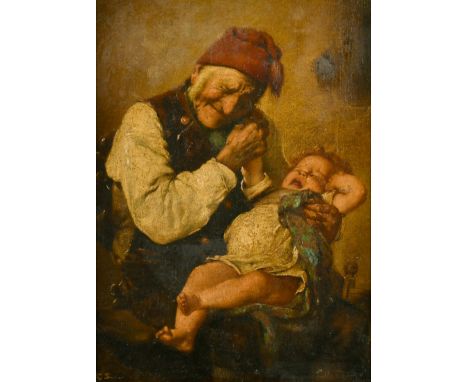 Italian School (19th Century), A portrait of an elderly man seated with a young child on his lap, oil on canvas, initialed CS