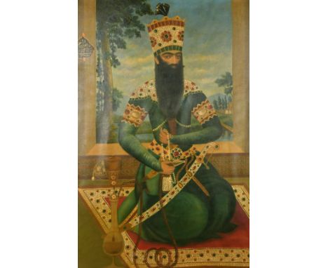 A portrait of Fath Ali Sha, The King of Persia kneeling upon a carpet holding a huqqa pipe in one hand and a string of beads 