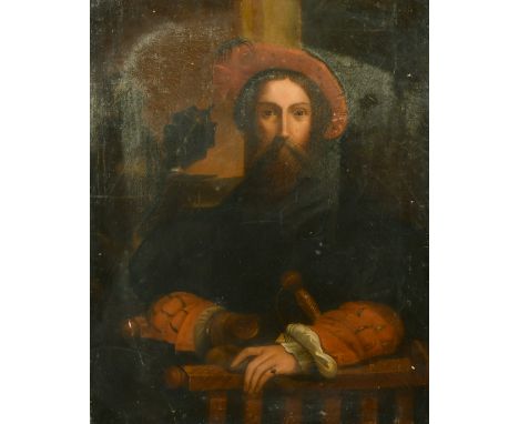 19th Century, after Parmigianino, A portrait of Galeazzo Sanvitale seated with a sword wearing a red hat, oil on canvas, 20" 