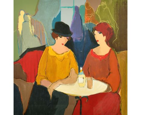 Itzchak Tarkay (1935-2012) Israeli, female figures in a caf, silkscreen print, signed in pencil and numbered 19/30, 27" x 27"