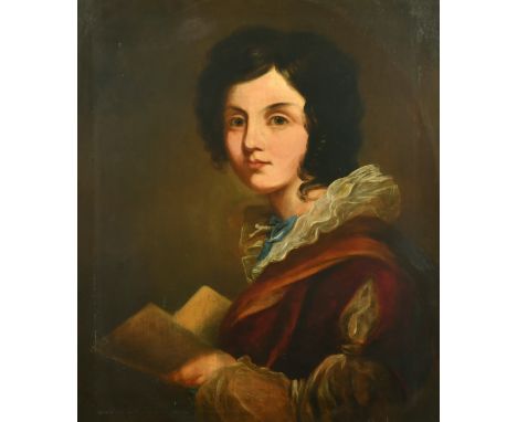 19th Century English School, a head and shoulders portrait of an adolescent holding paper, oil on canvas, 24" x 20", (unframe