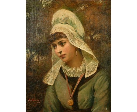 R. L. Alldridge (19th Century) British, a study of a young lady wearing a medallion and headdress, oil on canvas, signed, 21"