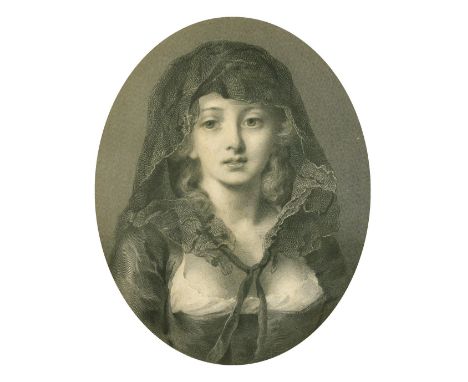 A 19th Century engraving of a bust length portrait of a female in a headdress, 8.5" x 6.75" oval.