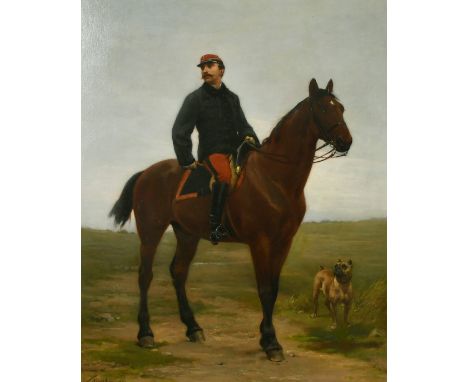 Nicolas Sicard (1840 -1920) French, Portrait of a French gentleman mounted on a horse with a dog, 'Homage de reconnaissance',