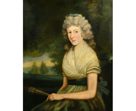 19th century English School, Portrait of a lady seated in a landscape holding a fan, oil on canvas, 30" x 25".
