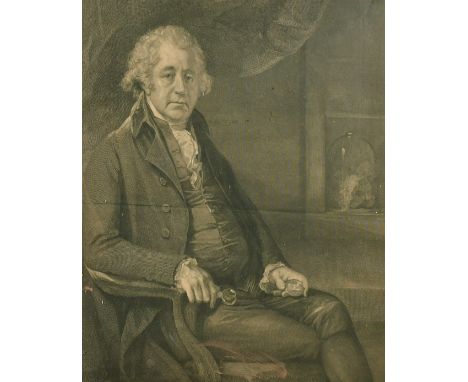 An engraving of a seated gentleman holding a miniature portrait, dated 1801, in a fine quality incised gilt frame, 18" x 14".
