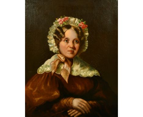 19th Century, Portrait of a lady wearing a bonnet with red flowers, oil on canvas 30 x 24", (unframed).