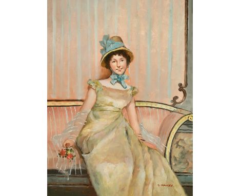 C. Hakey (20th Century), Portrait of a seated lady holding flowers, oil panel, 10" x 8".