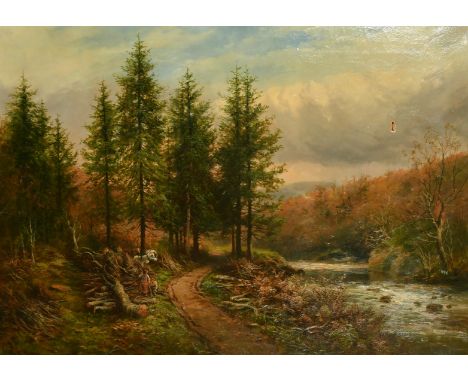 R. H. Jenkins, 19th Century, loggers by a mountain stream, oil on canvas, signed, 26" x 36".