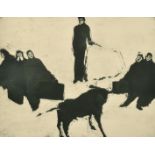 20th Century, possibly Scandinavian, an etching of figures watching a bull fight, indistinctly
