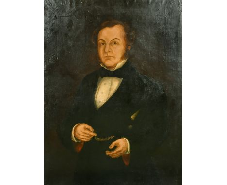 19th Century, three-quarter length portrait of a gentleman wearing a black jacket and bow tie, oil on canvas, 44" x 33", (unf