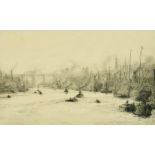 William Lionel Wyllie (1851-1931) British, 'Quayside', etching, signed in pencil, 8.5" x 15".