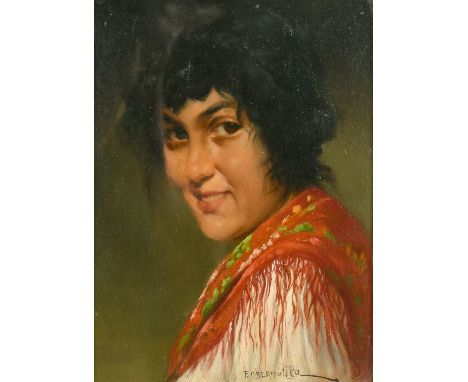 Franz Obermuller (1869-1917) Austrian, Portrait of a woman wearing a red, pink and green shawl, signed, oil on canvas, label 