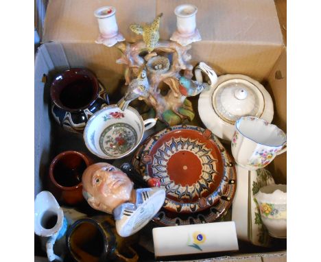 A box containing a quantity of assorted ceramic items including late 19th Century German candelabrum depicting birds surround