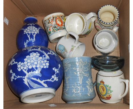 A box containing a quantity of assorted ceramic items including 20th Century Chinese porcelain prunus decorated vase, Buckfas