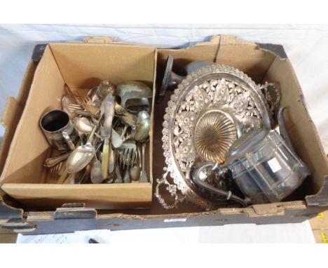 A box containing a quantity of silver plated cutlery and other items including ornate pierced footed dish, large ladle, etc.