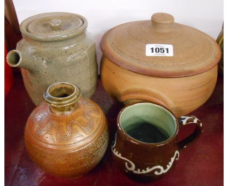 A small selection of studio pottery items including Leach Pottery St. Ives standard ware casserole, Weatheriggs pottery mug, 
