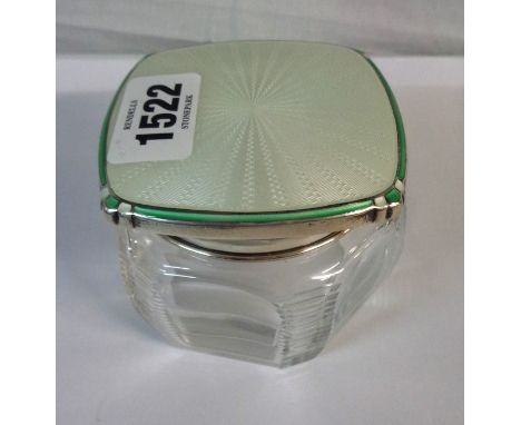 An Art Deco design silver and enamel topped cut glass dressing table jar - Birmingham, 1956