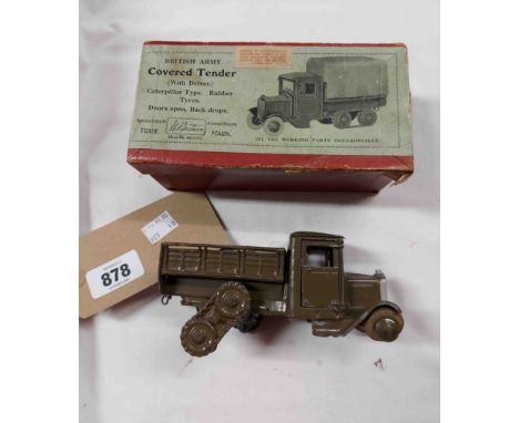 An old Britains die cast British Army tender with driver model of caterpillar type with rubber tyres in original box - cover 