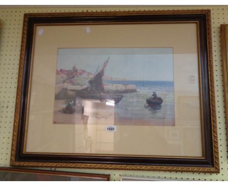A. Young: a Hogarth framed coloured print, depicting women mending nets on a beach with fishing boat and figure in a rowing b