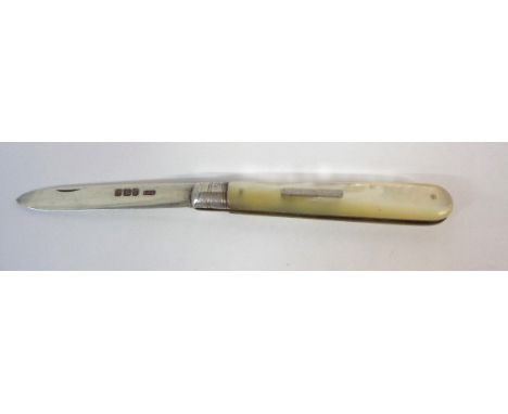 A silver bladed fruit knife with mother-of-pearl clad handle and blank cartouche