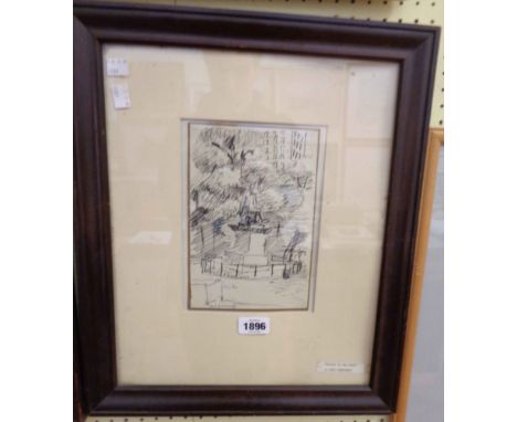 Saul Lishinsky: a framed ink drawing entitled 'Statue in the Park' - signed - 22cm X 14.5cm