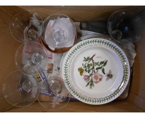 A box containing a quantity of assorted ceramic and glass items including Portmeirion Botanic Garden plates and flan dis, set