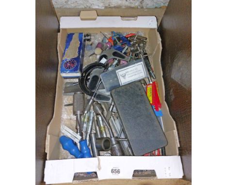 A box containing a quantity of engineering and other tools including gauges, tap and dyes, etc.