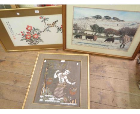 Two framed Oriental pictures, one depicting temple figures, the other perching birds and flowering branches - sold with a fra