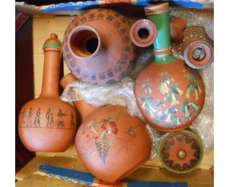 A box containing a quantity of 19th Century Watcombe terracotta ware including hand painted enamelled, Louis Wain inspired li