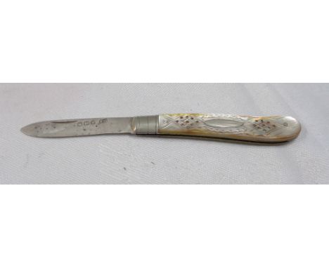 A silver bladed fruit knife with decorative mother-of-pearl clad handle