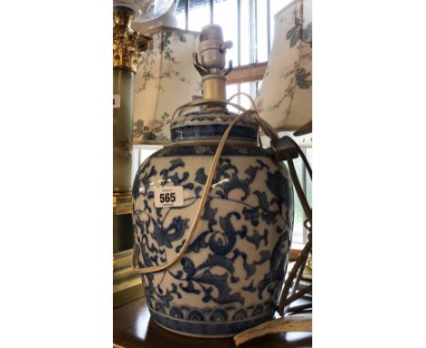 A modern Chinese porcelain table lamp of ginger jar form with blue hand painted and transfer printed floral decoration