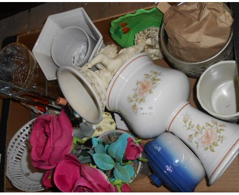 A box containing a quantity of assorted ceramic and other collectable items including Cardew Designs cat on a sewing machine 
