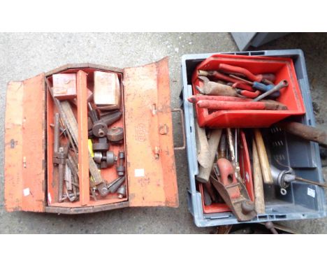 A vintage red painted tool box containing a quantity of drill chucks, etc. - sold with a crate containing a quantity of tools