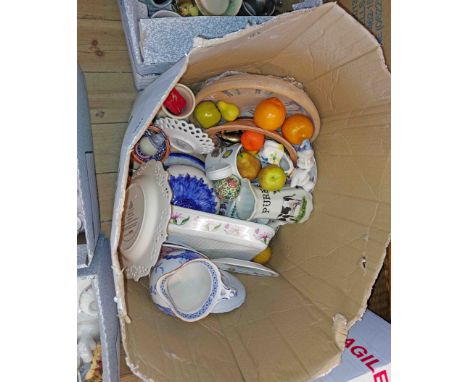 A box containing a quantity of assorted ceramic items including large modern ceramic cheese bell,  Portmeirion Botanic Garden