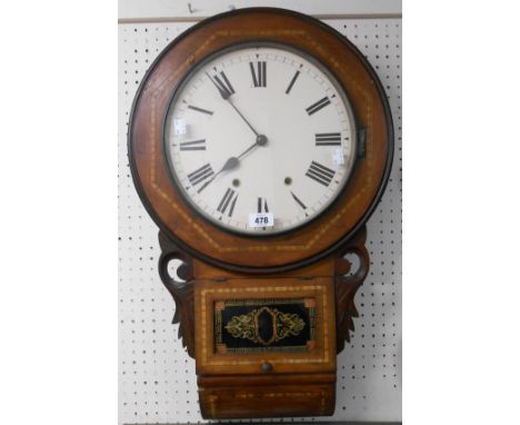 A late 19th Century American mahogany and strung cased drop dial wall clock with decorative glazed panel pendulum door and sp