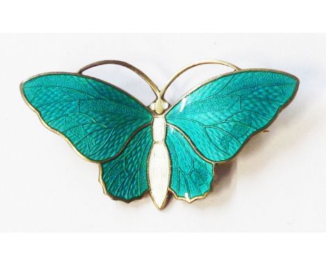 Aksel Holmsen: a 4.8cm vintage green and white enamelled butterfly pattern brooch - marked 'Norway, Sterling, (cross hatch), 