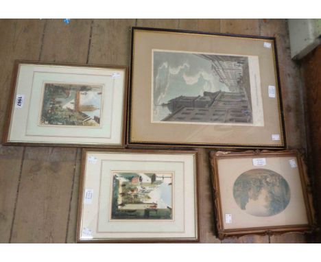 Diaz: a pair of framed watercolours, depicting Continental backstreet scenes - sold with a print entitled 'St. Peter le Poor'