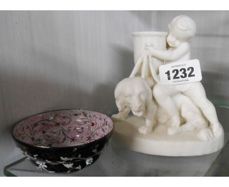 A 19th Century Royal Worcester Parian figurine depicting a young boy resting a basket on a dog - sold with a small Chinese en