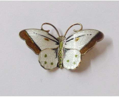 Hroar Prydz: a 5cm vintage white, brown and speckled enamelled butterfly pattern brooch - marked 'Sterling, 925S, (circle mar