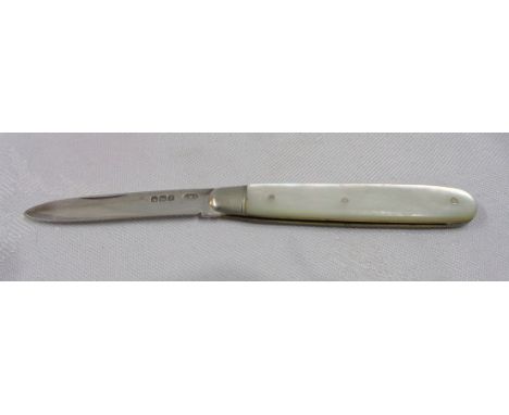 A silver bladed fruit knife with mother-of-pearl clad handle