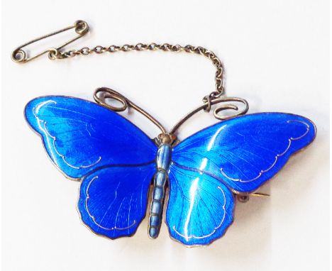 Marius Hammer: a 6cm vintage Danish blue enamelled butterfly pattern brooch - marked '935, Sterling and maker's mark', with s