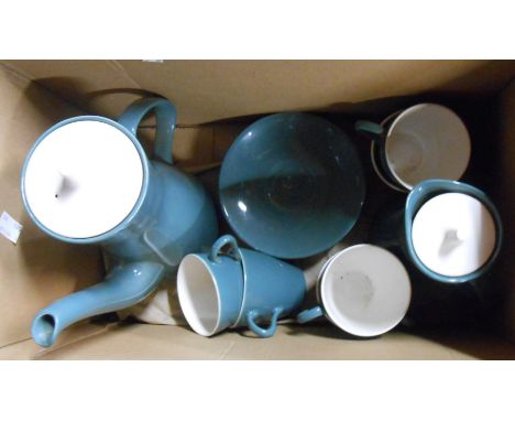 A vintage Poole Pottery part coffee set comprising coffee pot, six cups and saucers and hot water jug