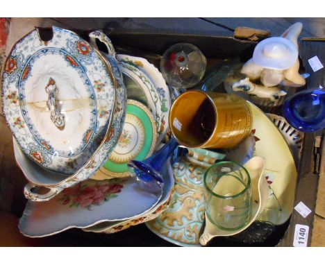 A box containing a quantity of assorted ceramic and glass items including continental Art Deco figurine depicting a lady walk