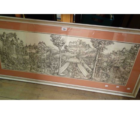 A framed large format panoramic monochrome print, depicting an extensive Medieval scene with assault on a castle and camp fol