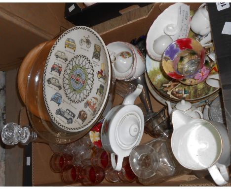 A box containing a quantity of ceramic and glass items including Wedgwood and other collectors' plates, glassware, crested ch