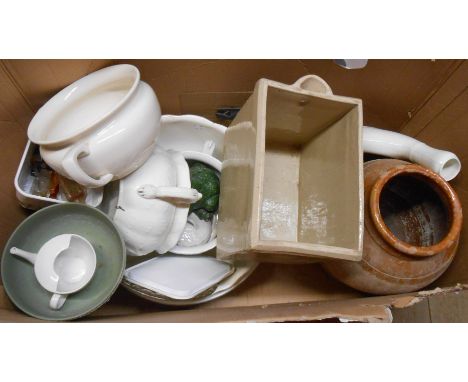 A box containing a quantity of ceramic items including Price Bristol The Consolidated Electric Co. Ltd stoneware container, l